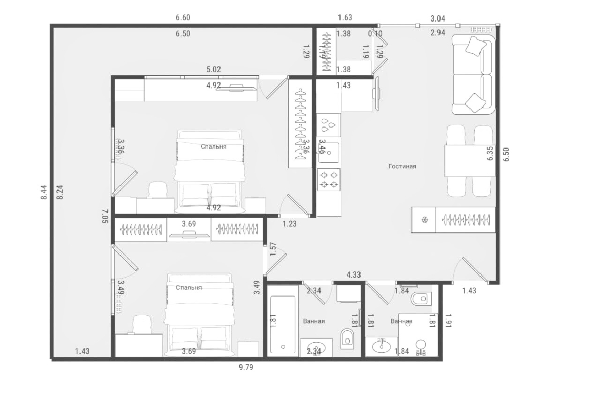 Three room apartment in Intourist Residence